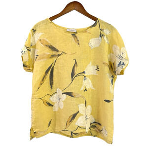 Bellambra 100% Linen Yellow Floral Tunic Top Small Made in Italy Lagenlook Boho